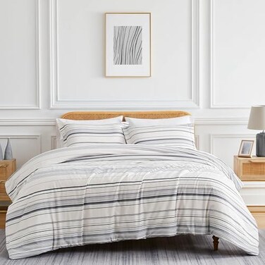 Southshore Fine Living Inc 3Piece King Size Comforter Set Down Alternative Grey Striped Comforter with Matching Shams Coverlet Bedspread for CaliforniaKing Bed Coastal Stripes Grey