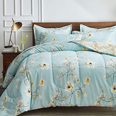 Joyreap 6 Piece Bed in a Bag Twin Aqua Floral Elegant Design Smooth Soft Microfiber Comforter Set for All Season 1 Comforter 2 Pillow Shams 1 Flat Sheet 1 Fitted Sheet 1 Pillowcase