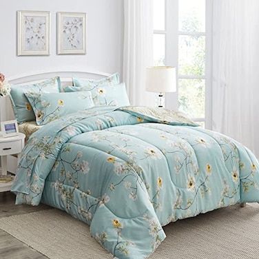 Joyreap 7 Piece Bed in a Bag Queen Aqua Floral Elegant Design Smooth Soft Microfiber Comforter Set 1 Comforter 2 Pillow Shams 1 Flat Sheet 1 Fitted Sheet 2 Pillowcases