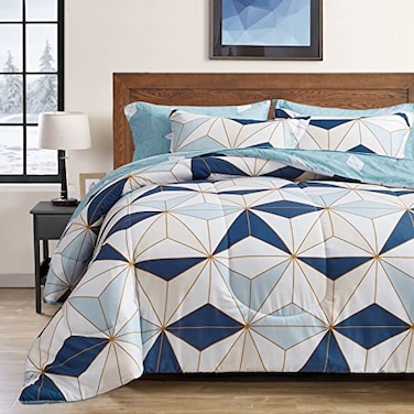 Flysheep Bed in a Bag 7 Pieces Queen Size Navy Blue Triangles Geometric Pattern Printed Microfiber Comforter Sheet Set 1 Comforter 1 Flat Sheet 1 Fitted Sheet 2 Pillow Shams 2 Pillowcases