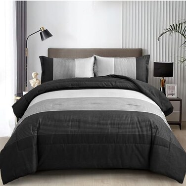 WONGS BEDDING Black Comforter Set Full Reversible Black Grey Stripe Down Alternative Comforter for All Season3 Pieces1 Patchwork Comforter2 Pillowcases Soft Microfiber Bedding Set 7890