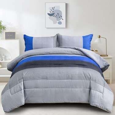 WONGS BEDDING Blue Stripe Comforter Set Full Reversible Grey Blue Patchwork Bedding Comforter Set for Full Bed 3 Pieces 1 Comforter2 Pillowcase Soft Microfiber Filling Duvet Set 7890