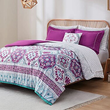 Degrees of Comfort Full Size Complete Comforter Sets Lattice Boho Bed in A BagMicrofiber Bedding Set with Side Pockets Matching Decorative Pillow 8 Piece Purple