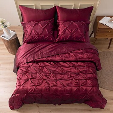 MR&HM MRHM Satin Comforter Queen 7 Pieces Luxurious Pinch Pleat Bedding Set with Comforter Flat Sheet Fitted Sheet Pillowcases Shams Super Silky Soft Bed Set for All Season Queen Burgundy
