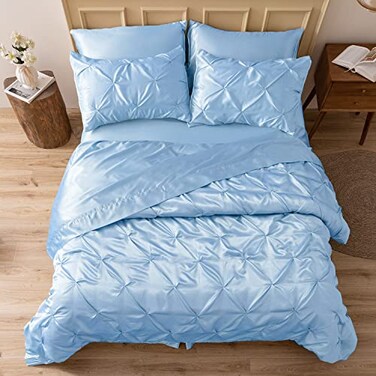 MR&amp;HM MRHM Satin Comforter Queen 7 Pieces Luxurious Pinch Pleat Bedding Set with Comforter Flat Sheet Fitted Sheet Pillowcases Shams Super Silky Soft Bed Set for All Season Queen Light Blue