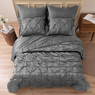 MR&HM MRHM Satin Comforter King 7 Pieces Luxurious Pinch Pleat Bedding Set with Comforter Flat Sheet Fitted Sheet Pillowcases Shams Super Silky Soft Bed Set for All Season King Dark Grey