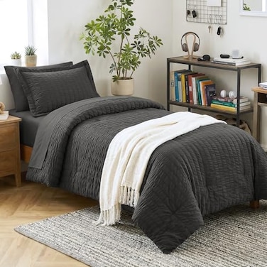 CozyLux Twin Comforter Set with Sheets 5 Pieces Dark Grey Seersucker Luxury Textured Bed in a Bag Dark Gray All Season Bedding Sets Gift with Down Alternative Comforter Sheets Pillowcase Sham