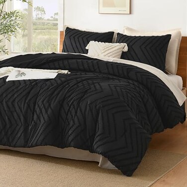 Litanika Black Queen Size Comforter Sets 3 Pieces Lightweight Chevron Tufted Bedding Comforter Set Fluffy Down Alternative Comforter Bed Set Gift Choice 90x90In Comforter and 2 Pillowcases