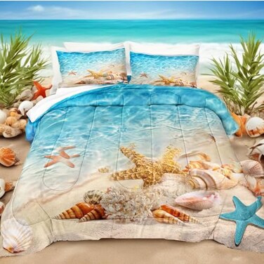 Bedbay Beachy Comforter Set King Size Coastal Bedding Set 3 Pcs Starfish Shell Conch Sea Life Printed Ocean Comforter Bedding Set Beach Themed Room Decor