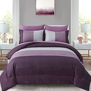 Anibedding Purple Comforter Set Queen 7 Pieces Purple Striped Bed in a Bag Boho Patchwork All Season Comforter with Sheets Soft Microfiber Reversible Bedding Set90x90