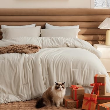 Bedsure California King Comforter Set Beige Soft Bedding for All Seasons Cationic Dyed Bed Set 3 Pieces 1 California King Size Comforter 104x96 and 2 Pillow Shams 20x362
