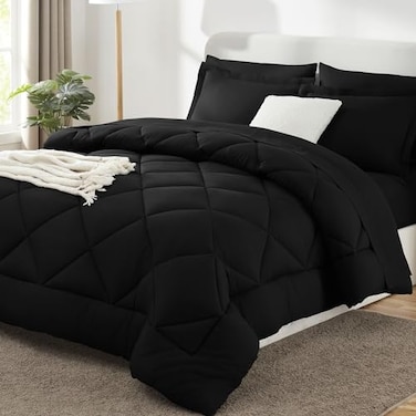 CozyLux Full Size Comforter Sets Black 7 Pieces Bed in a Bag Full Luxury Soft Bed Set for All Seasons Bedding Set with Down Alternative Comforter Sheets Pillowcases Shams