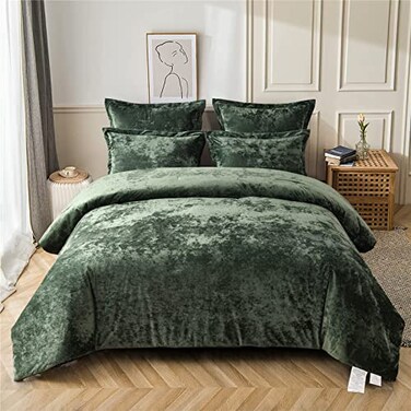 Fredsure Distressed Velvet Comforter Set 5 Pieces Blackish Green Queen Distressed Velvet Face and Brushed Microfiber Reverse