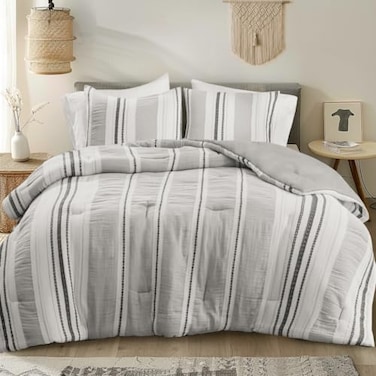 Hyde Lane Boho Queen Comforter Set 3Piece Shabby Chic Bedding Bedding Sets Farmhouse Bed Comforter with 2 Pillow Shams All Season Cotton Top Gray Striped