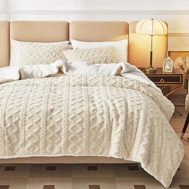 Joyreap 3Piece Fluffy Faux Fur Sherpa Comforter Set Beige Queen Size Luxury Tufted Bedding Comforter Set All Season Soft n Cozy Plush Comforter Bed Set 88x88 inches