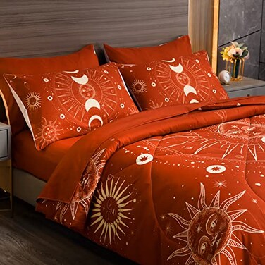INTOMENG Celestial Bdding 7 Pieces Burnt Orange Comforter Set Boho Bedding Witchy Bedding Set Hippie Bed Set Starry Galaxy Comforter Set Sun and Moon Bed Set Queen