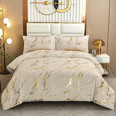 WONGS BEDDING Khaki Gold Metallic Marble Comforter Set King Foil Print Glitter Bedding Sets with 2 Pillowcases for All Seasons Soft Microfiber Bedding Set 103x90