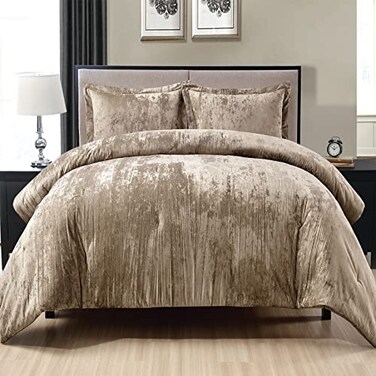 Fredsure Crinkle Velvet Comforter Set 3 Pieces Khaki King Crinkle Velvet Face and Brushed Microfiber Reverse with Light Poly Fill
