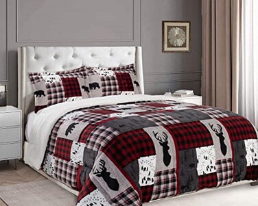 Elegant Comfort 3Piece Winter LodgePatch Sherpa Comforter Soft Cozy and Durable Quality Heavy Weight Reversible Down Alternative MicroSuede Patch Sherpa Comforter Queen