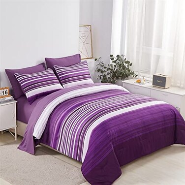 KAKIJUMN 7 Piece Bed in a Bag Stripe Comforter Set Full Size White and Purple Patchwork Striped Comforter and Sheet Set All Season Soft Microfiber Complete Bedding SetsPurpleFull