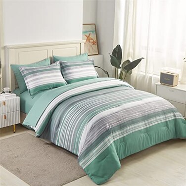 KAKIJUMN 7 Piece Bed in a Bag Stripe Comforter Set Queen Size White Grey Sage Green Patchwork Striped Comforter and Sheet Set All Season Soft Microfiber Complete Bedding SetsGreenQueen