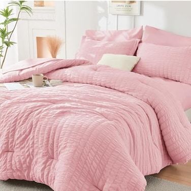 HYMOKEGE Pink Queen Comforter Set Seersucker 7 Pieces All Season Luxury Bed in a Bag for Bedroom Bedding Set with Comforters Sheets Pillowcases Shams