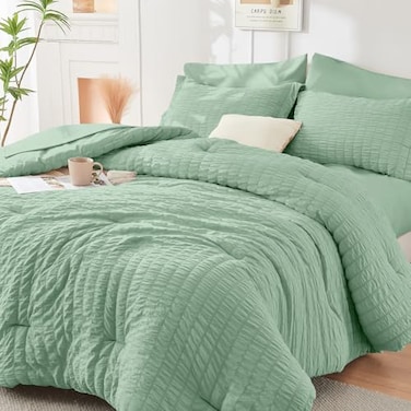 HYMOKEGE Sage Green Full Size Comforter Sets Seersucker 7 Pieces All Season Luxury Bed in a Bag for Bedroom Bedding Set with Comforters Sheets Pillowcases Shams