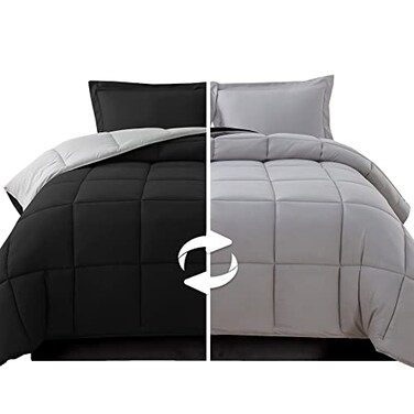 Elegant Comfort 3Piece Reversible Comforter Set All Season Cozy Soft Down Alternative Quilted Box Stitched Duvet Insert with 4 Corner Tabs Comforter with Shams Cali King BlackSilver