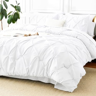 CozyLux Queen Comforter Set White 7 Pieces Pintuck Bed in A Bag All Season Comforter Queen Size Bed Set Gift for Family Pinch Pleat Bedding Sets with Comforter Sheets Pillowcases Shams