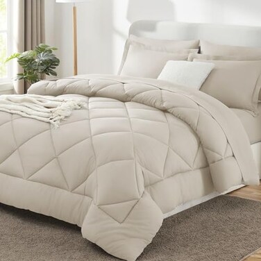 CozyLux Full Size Comforter Sets Beige 7 Pieces Bed in a Bag Full Luxury Soft Bed Set for All Seasons Bedding Set with Down Alternative Comforter Sheets Pillowcases Shams