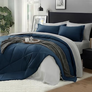 BEDELITE Queen Comforter Set 7 Pieces Bed in A Bag Soft Microfiber Reversible Calm Blue Bed Set with Comforters Sheets Pillowcases Shams Cozy Luxury Bedding Sets for All Season