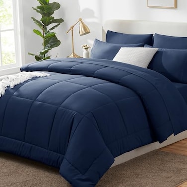 CozyLux Queen Comforter Set Navy Blue 7 Pieces Bed in a Bag Blue Comforters Queen Size All Season Bedding Sets with Stitch Quilted Comforter Flat Sheet Fitted Sheet Pillowcases