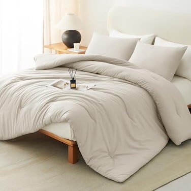 CozyLux King Size Comforter Set Beige 3 Pieces Lightweight Down Alternative Quilted Bedding Sets Gray All Season Soft Breathable Solid Comforter with 2 Pillowcases Luxury Bed Set Gift for Home