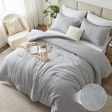 CozyLux Full Size Comforter Set 3 Pieces Heathered Light Grey Luxury Full Bedding Sets Gray Breathable Lightweight Down Alternative Comforter with 2 Pillow Shams All Seasons Bed Set Gift for Home
