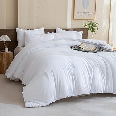 Paxrac White Comforter Full Size 3 Pieces Boho Comforter Set Lightweight Solid Bedding Set All Seasons Soft Breathable Full Bed Set 80x90In Comforter 2 Pillowcases