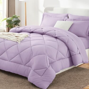 CozyLux Queen Comforter Set Light Purple Bed in a Bag Queen Size 7 Pieces Luxury Soft Lavender Bed Set for All Seasons Bedding Set with Down Alternative Comforter Sheets Pillowcases Shams