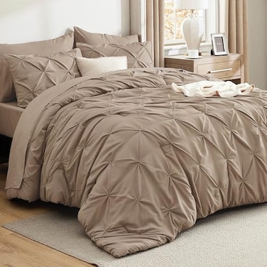 Bedsure Queen Comforter Set Khaki Bed in a Bag Queen Size Bedding 7 Pieces GentleSoft Pintuck Bed Set Gift for Family All Season Down Alternative Comforter with Sheets Pillowcases Shams