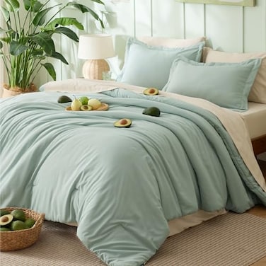 Bedsure Queen Comforter Set 7 Pieces Sage Green Queen Bedding Set for All Seasons Boho Contrasting Design Bed in a Bag with Comforter Sheets Pillowcases Shams