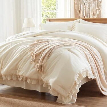 Anluoer Queen Comforter Set 7 Piece Cream Bed in a Bag with Sheets All Season Ruffle Shabby Chic Bedding Sets with 1 Comforter 2 Pillow Shams 2 Pillowcases 1 Flat Sheet 1 Fitted Sheet
