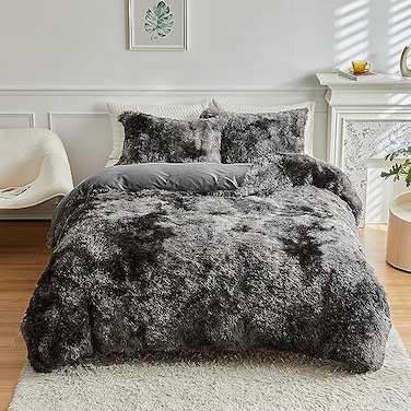 Wajade Faux Fur Plush White Comforter Set Fluffy Fuzzy Shaggy Bedding Set 3PC FullQueen Microfiber Soft Warm Quilt Set Tie Dye Dark Grey Queen