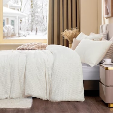 ChiXpace Flannel Fleece Comforter King Set Furry White Leaves Pattern Faux Fur Bed Set Winter Ultra Soft Fuzzy Comfort Set Velvet Bedding Set for Bed with 2 Pillow Cases