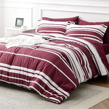 Bedsure Full Comforter Set 7 Pieces Burgundy Striped Bedding Set for All Seasons Reversible Cationic Dyeing Bed in a Bag with Comforter Sheets Pillowcases Shams
