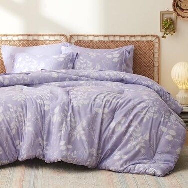 Bedsure Twin Comforter Set 5 Pieces Floral Lavender Soft Bedding Sets Twin Bed in a Bag with Botanical Flowers Comforter Sheets Pillowcase Sham