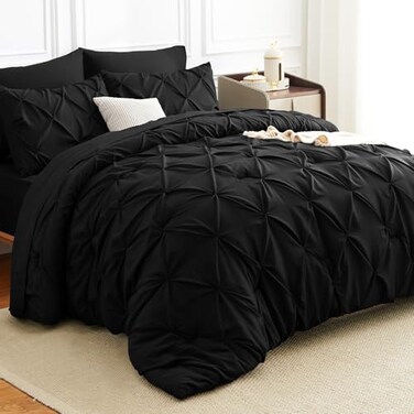HIMEET Full Size Comforter Set Black 7 Pieces Pintuck Bed in a Bag Pinch Pleat Modern Room Decor AllSeason Soft Bedding Gift with Comforter Sheets Pillowcases Shams