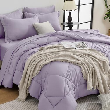 HEVUMYI Queen Purple Comforter Set 7Piece All Season Bed in a Bag Queen Ultra Soft Bedding Set with Comforter Flat Sheet Fitted Sheet Pillowcases Pillow Shams Lavender Purple