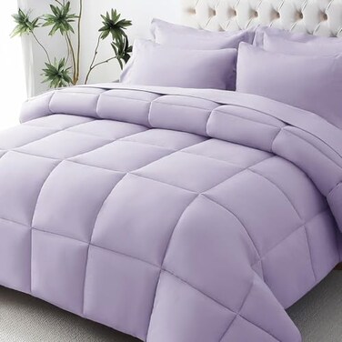 JOLLYVOGUE Queen Comforter Set UltraSoft Bed in a Bag Queen Size 7 Pieces OekoTEX Certified Bedding Set with Down Alternative Comforter Sheets Pillowcases Shams Lavender