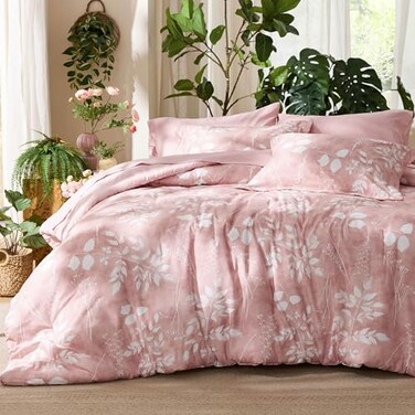 Bedsure Twin Comforter Set 5 Pieces Floral Pink Soft Bedding Sets Twin Bed in a Bag with Botanical Flowers Comforter Sheets Pillowcase Sham