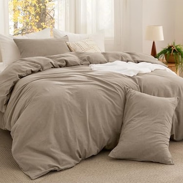 Bedsure Comforter Set Queen Size Cotton Fabric with Microfiber Inner Fill Taupe PureWoven Soft Bed Set for All Seasons 3 Pieces 1 Comforter 90 x 90 and 2 Pillow Cases 20 x 26