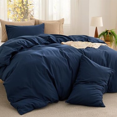 Bedsure Comforter Set Queen Size Cotton Fabric with Microfiber Inner Fill Navy PureWoven Soft Bed Set for All Seasons 3 Pieces 1 Comforter 90 x 90 and 2 Pillow Cases 20 x 26