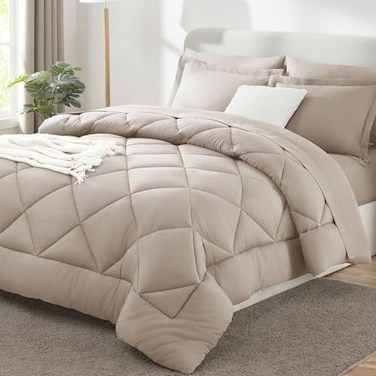CozyLux Full Size Comforter Sets Linen 7 Pieces Bed in a Bag Full Luxury Soft Bed Set for All Seasons Bedding Set with Down Alternative Comforter Sheets Pillowcases Shams